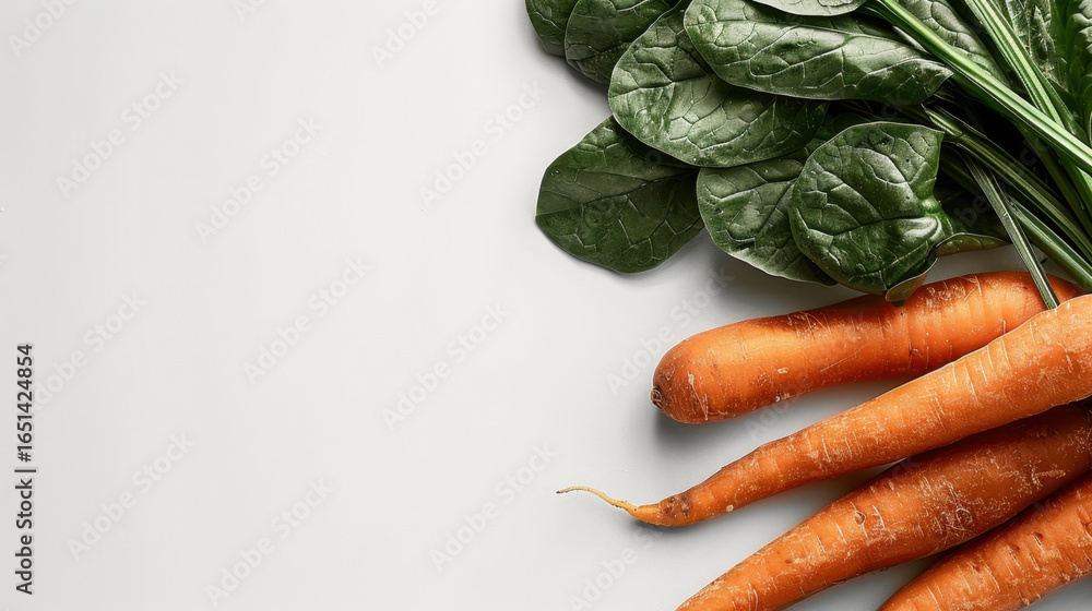 Poster fresh carrots and spinach arranged light background create vibrant and healthy display. bright orang