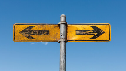 Weathered yellow directional sign with arrows pointing left and right against clear blue sky, symbolizing choices and directions. sign surface shows signs of wear, adding character to image