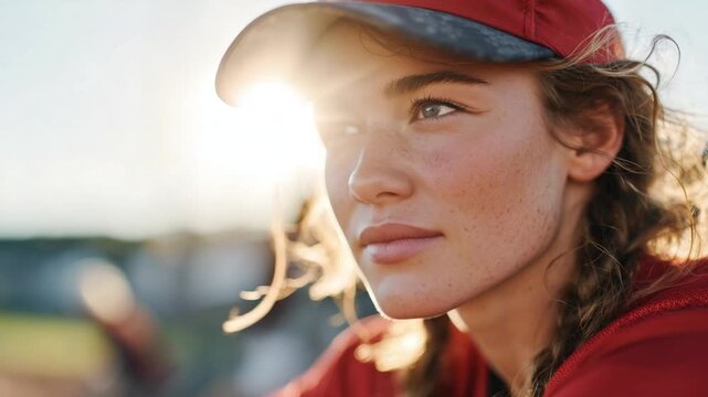 A thoughtful softball player in a red cap gazes upward, bathed in cinematic sunflare, capturing the essence of mental resilience in sports portraiture.