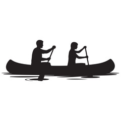 Two people paddling canoe black white. Vector black silhouette. with white background