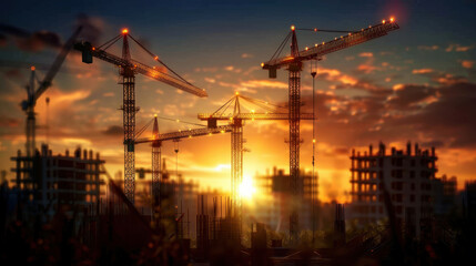 Construction cranes silhouetted against vibrant sunset, showcasing bustling construction site with buildings in progress. scene evokes sense of growth and development