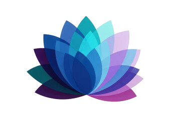 Abstract lotus flower with overlapping petals in shades of blue, purple, and teal, isolated on transparent background