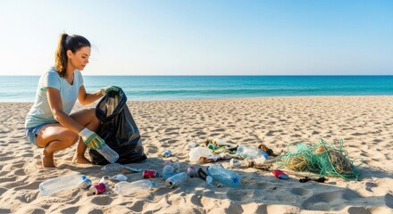 Woman collecting plastic bottle from sandy beach. Environmental volunteer cleaning up ocean pollution. Coastal clean up for labor day.