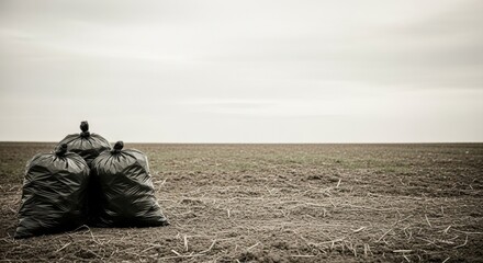 Three black trash bags on a field under a cloudy sky. Waste cleanup and environmental pollution concept for ecological project.