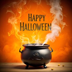 A spooky witchs cauldron bubbling with smoke and steam, with happy halloween text above, on an orange background