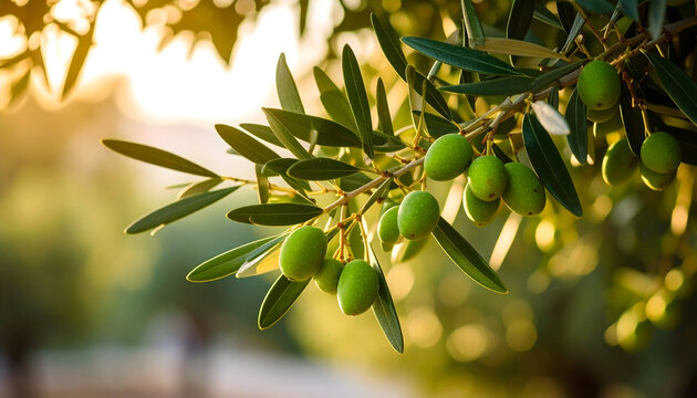 Close Up Olive Branch with Green Olives in Warm Sunlight and Blurred Background