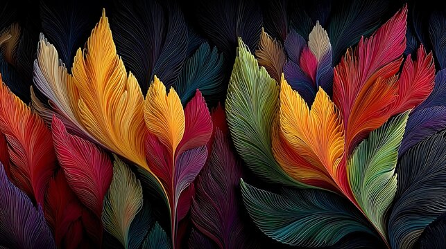 the image presents an abstract composition of colorful, leaf like forms against a dark background