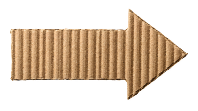 A directional arrow crafted from textured brown cardboard points forward, symbolizing progress and guidance.