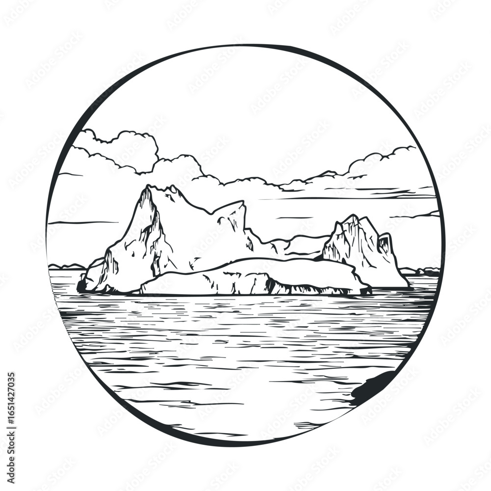 Poster monochrome iceberg sketch in circular frame with ocean and clouds