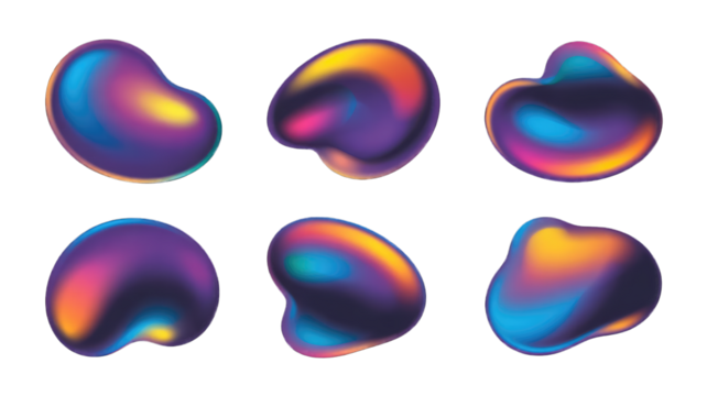 Amorphous iridescent liquid blobs with vibrant gradient colors abstract