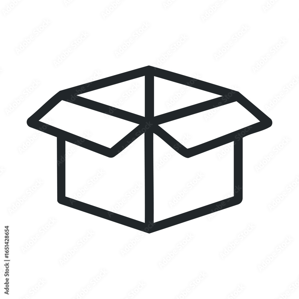 Poster open cardboard box icon with simple line design on white background