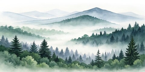 Obraz premium Misty Mountain Watercolor Landscape Coniferous Forest, Foggy Peaks, Green Hues, Watercolor Painting Watercolor painting, landscape art, foggy mountains