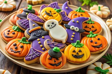 Fototapeta premium Festive Halloween Cookies on a Plate Pumpkins Ghosts and Witches