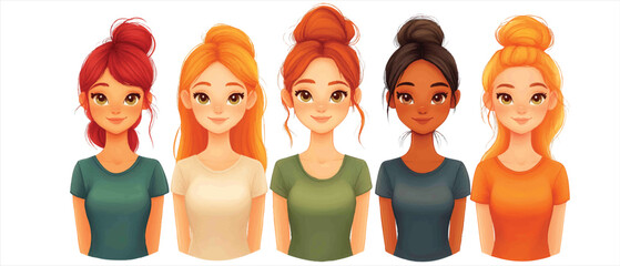 Diverse group of young women with different hair colors and styles, showcasing friendship and individuality in a contemporary setting