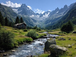 Obraz premium Tranquil Alpine Valley: Snow-Capped Peaks Surrounding a Pristine River Through Green Meadows and a Quaint Chalet