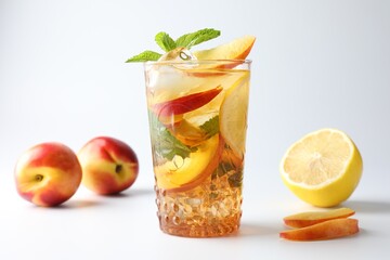 Tasty iced tea with lemon, peaches and mint on white background