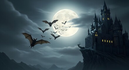 Mysterious Castle Under a Full Moon with Swarm of Bats Flying