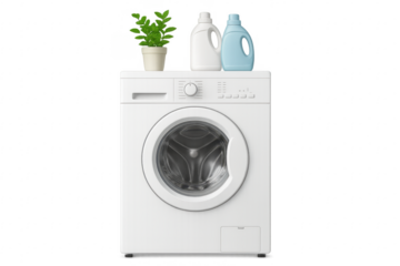 Modern washing machine with detergent and plant on transparent background