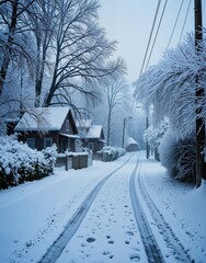 A serene winter scene in a rural area, where a blanket of snow covers the ground and trees, creating a picturesque landscape with a single road lined with houses and snowcovered trees