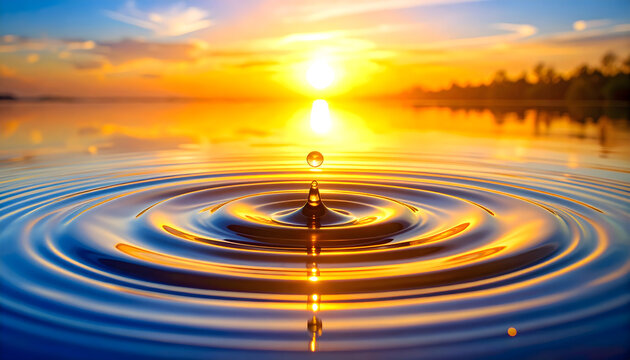 Droplet impact on water creating ripples under a vibrant orange sunset with reflecting sunlight