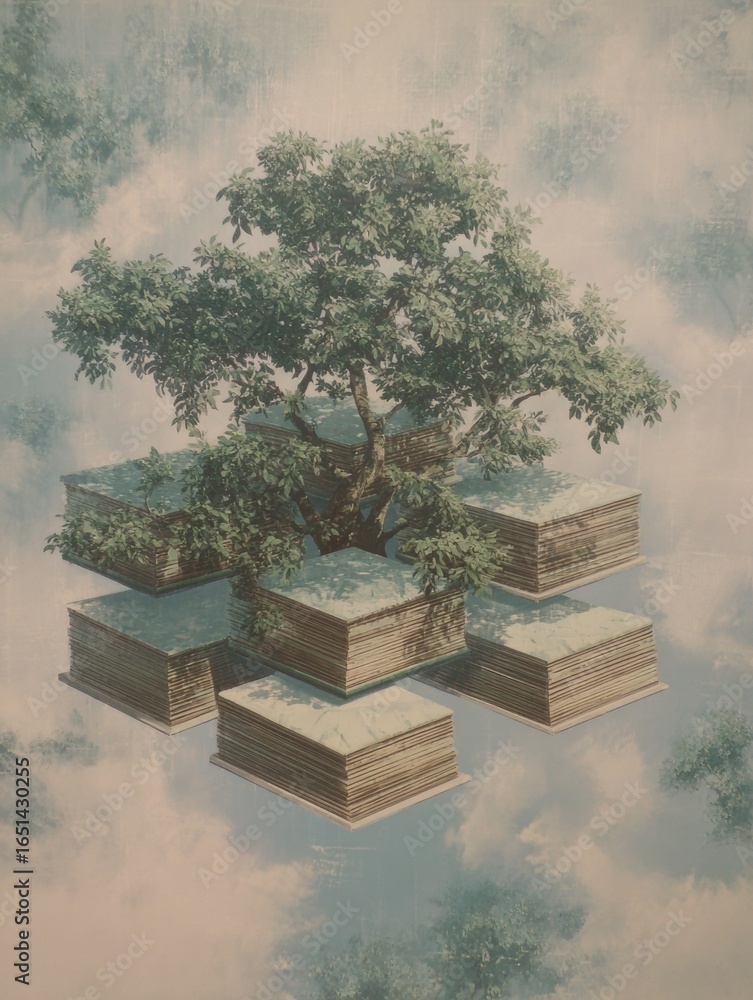 Poster floating tree surrounded by layered platforms in a surreal landscape with clouds and a dreamy atmosp