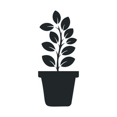 Black silhouette of potted plant with leaves on white background
