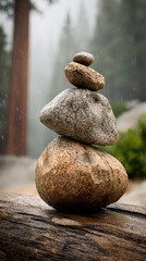 Serene Zen Moment with Stacked Stones in Forest Rain Tranquility
