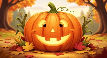 Happy Jack O Lantern Pumpkin Smiling with Autumn Leaves and Corn Stalks in a Forest Scene