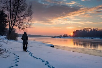 Solitary Figure Walking Along Snowy Riverbank at Sunset A Moment of Peace and Reflection in Winter Landscape