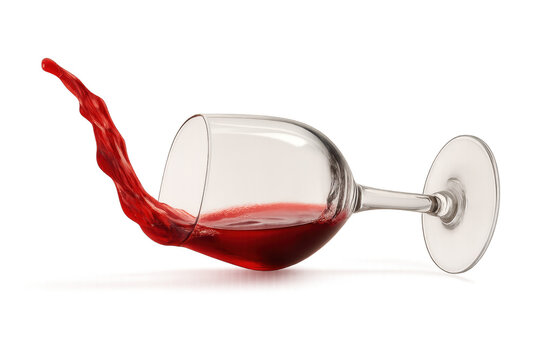 Wine glass spilling red wine with transparent background