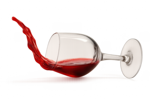 Wine glass spilling red wine with transparent background