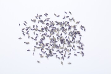 Dried lavender flowers on white background, flat lay