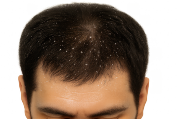 Man Showing Dandruff in Hair and Forehead on Transparent Background