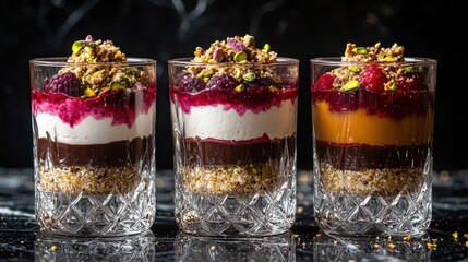 Dessert verrines layering arrangement showing three premium glasses with layered berry preserve, white cream, chocolate base and green pistachio garnish on reflective tabletop