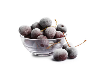 Frozen cherries in bowl isolated on white