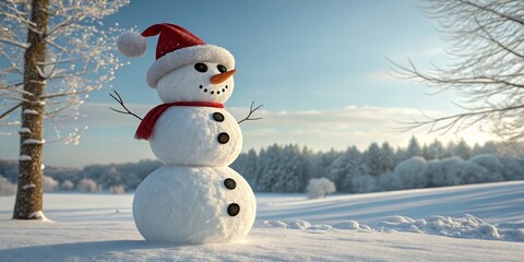 Obraz premium Snowy Landscape Snowman 3D Render, Winter Wonderland, Christmas Cheer, Snowman in Santa Hat Snowman, Christmas