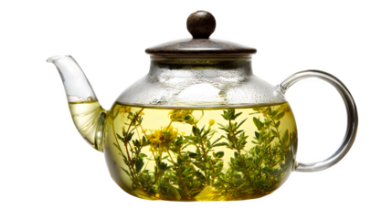 Steaming herbal tea brews in a clear glass teapot, releasing fragrant aromas for a relaxing moment.