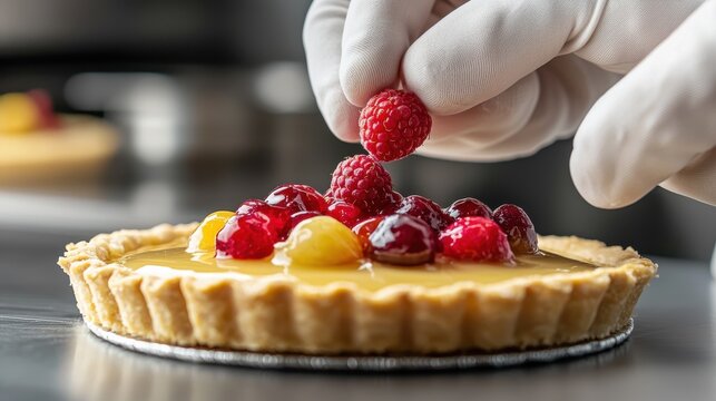 Fruit tart assembly chef hands in white gloves placing fresh raspberry on gourmet dessert with golden pastry crust and glazed berries in professional kitchen