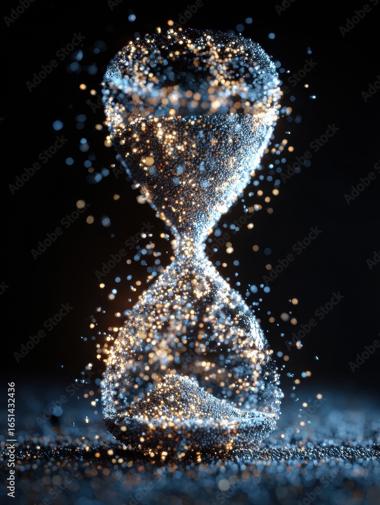 Poster beautiful hourglass shape formed by sparkling particles representing the concept of time in a captiv