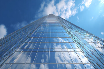 Fototapeta premium Modern skyscraper reaching for the sky, reflecting clouds, a symbol of ambition and corporate success, perfect for business, finance, and real estate projects