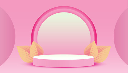 Pink podium with circle frame and decorative leaves background