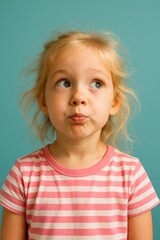 Naklejka premium Thoughtful caucasian young child with blonde hair in striped shirt on blue background