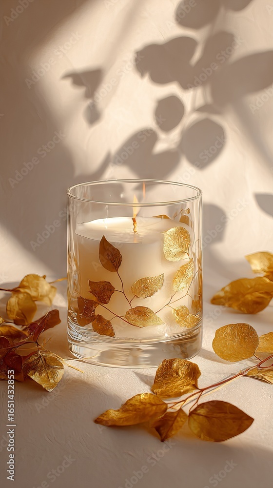 Poster elegant candle in glass container adorned with golden leaf patterns, surrounded by dried leaves, cas