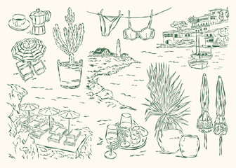 La Dolce Vita vector illustration collection. Art for greeting cards, wedding invitations, poster art, postcards, branding, logo design.	