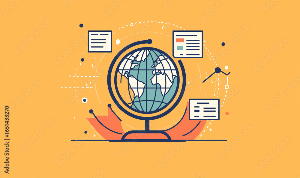 Aufkleber a colorful illustration of a globe surrounded by data charts and documents, symbolizing global insig