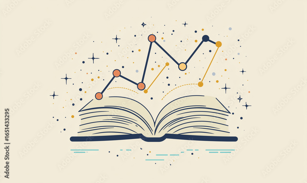 Poster an open book with a rising graph above it, surrounded by stars and dots, symbolizing knowledge, data