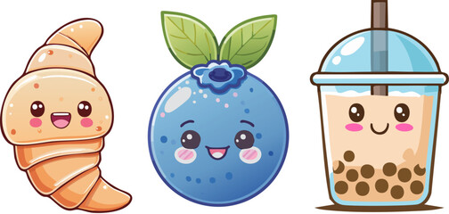 Cute cartoon illustrations of a croissant, blueberry, and boba tea with smiling faces








