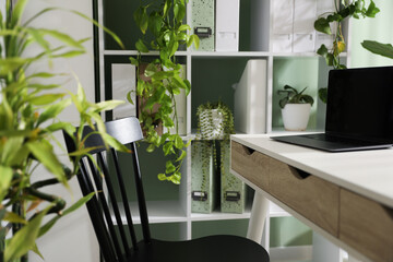 Biophilic interior design. Stylish workplace with laptop and houseplants in office