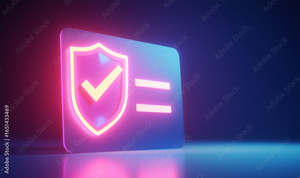 Poster a glowing shield emblem with a checkmark symbolizes security and trust in a modern digital context.