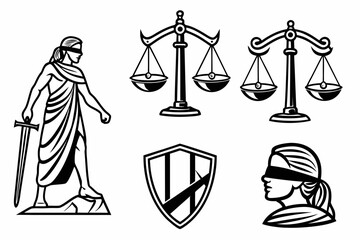 Set of justice and law icons isolated on white background